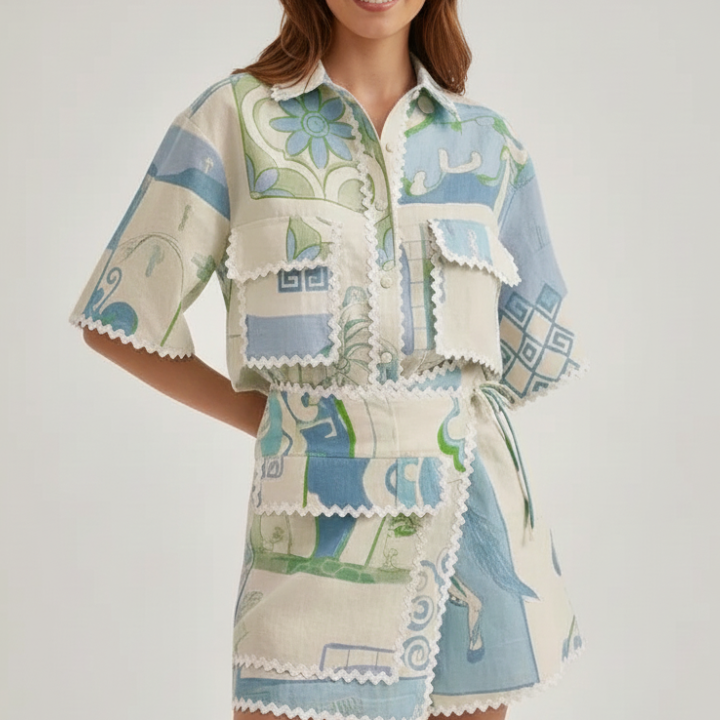 Women’s Two-Piece Set with Patchwork Top and Adjustable Shorts