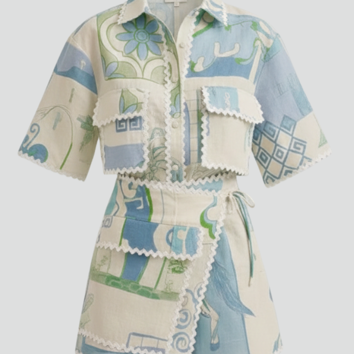 Women’s Two-Piece Set with Patchwork Top and Adjustable Shorts
