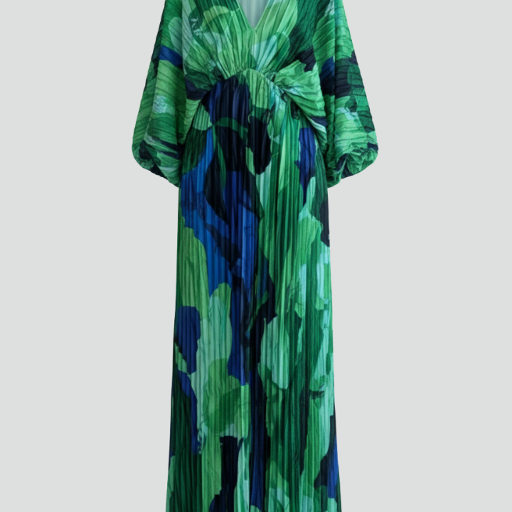 Women’s Long Dress with V-Neckline and Pleated Finish