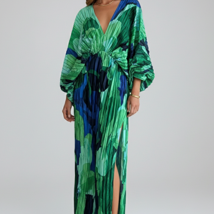 Women’s Long Dress with V-Neckline and Pleated Finish