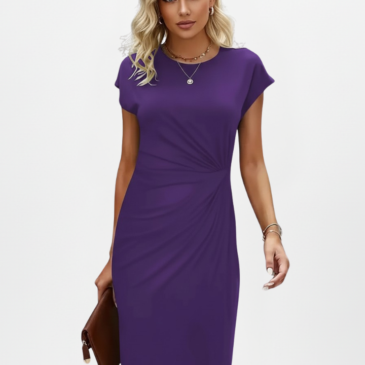Women’s Knee-Length Dress with Round Neck and Ruched Waist