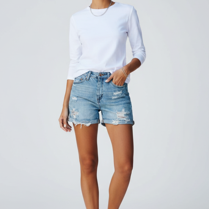 Women’s Denim Shorts with Distressed Surface and Fringe Hem