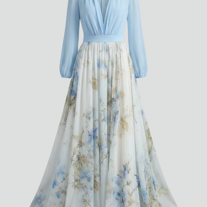 Women’s Maxi Dress with V-Neckline and Sheer Sleeves