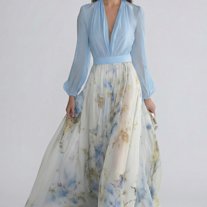 Women’s Maxi Dress with V-Neckline and Sheer Sleeves