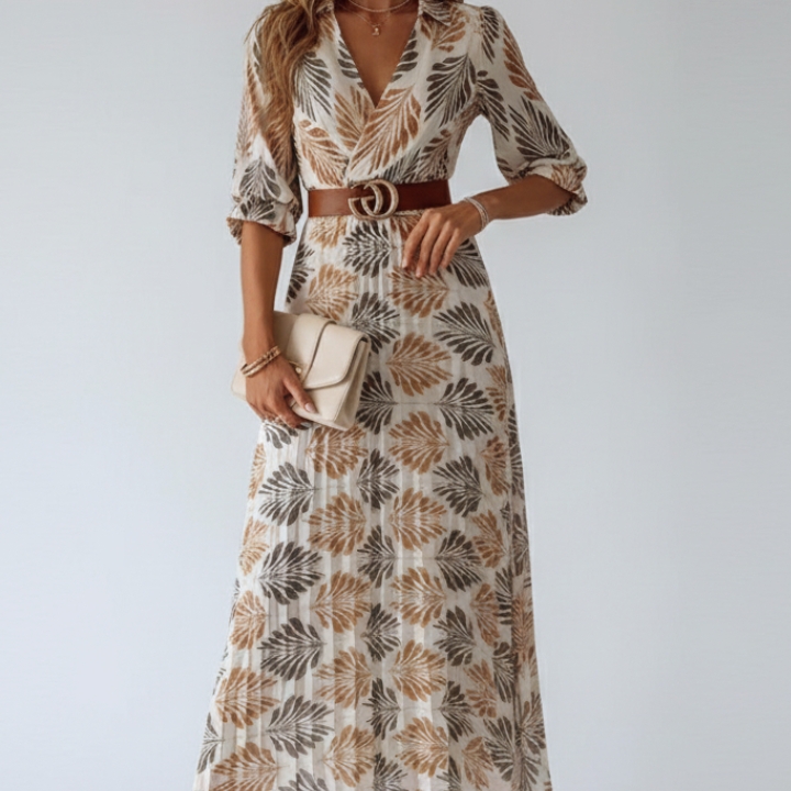 Women’s Maxi Dress with Patterned Print and Elbow‑Length Sleeves