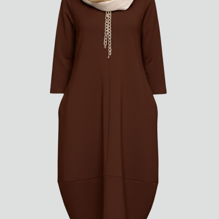 Women Midi Dress with Round Neck and Pockets