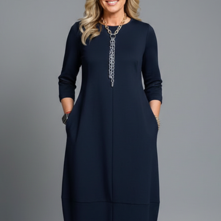 Women Midi Dress with Round Neck and Pockets