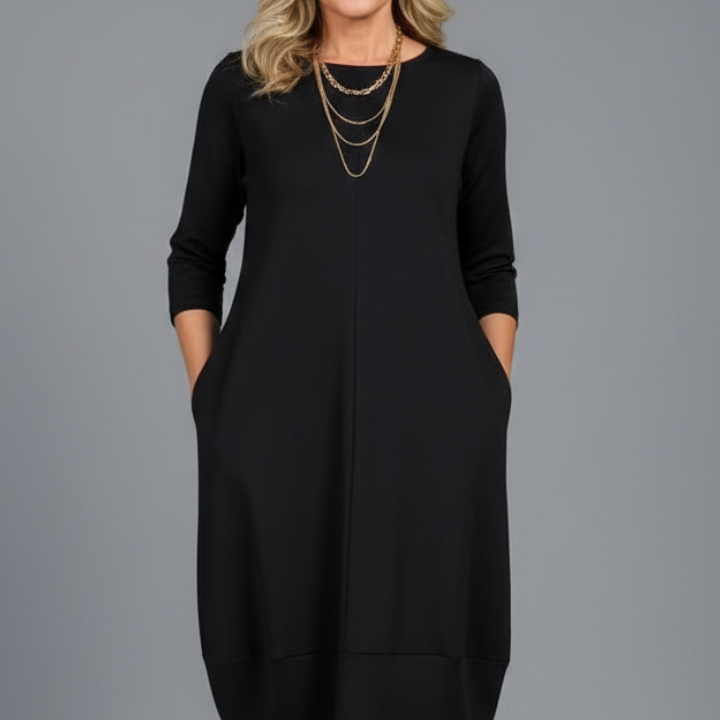 Women Midi Dress with Round Neck and Pockets
