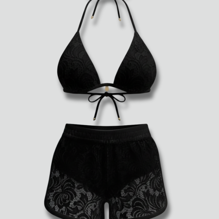 Women’s Bikini Set with Halter Top and Lace Shorts