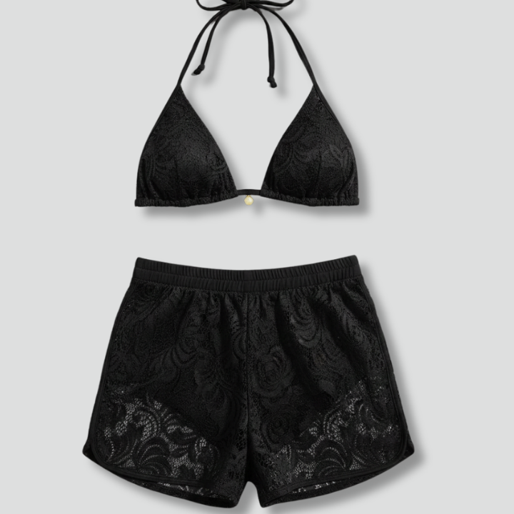 Women’s Bikini Set with Halter Top and Lace Shorts