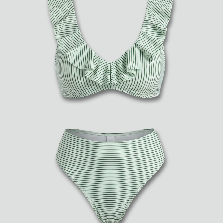 Women’s Bikini Set with Ruffle Trim and Stripe Pattern