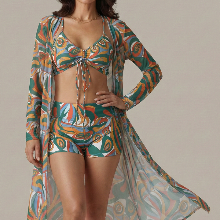 Women’s Bikini Set with Tie Top and Long Cover Up
