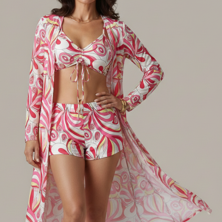 Women’s Bikini Set with Tie Top and Long Cover Up