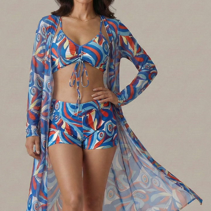 Women’s Bikini Set with Tie Top and Long Cover Up