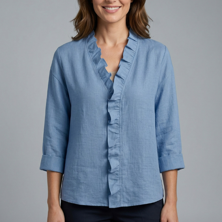 Women’s Blouse with Ruffle Neckline and Long Sleeves