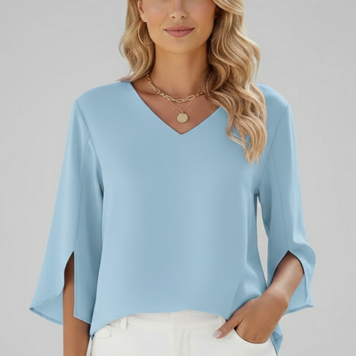 Women’s Blouse with V Neckline and Short Sleeves