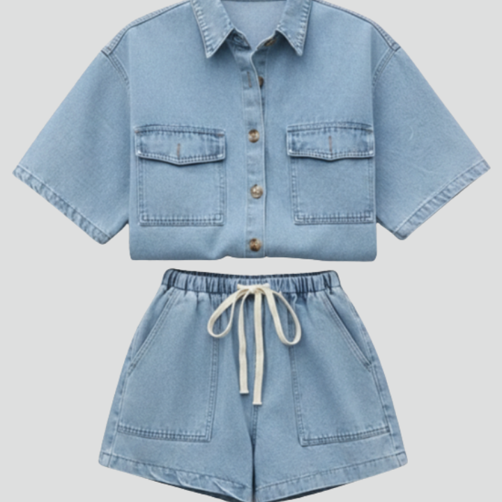 Women’s Denim Set with Short-Sleeve Shirt Jacket and Shorts