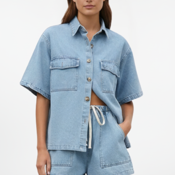 Women’s Denim Set with Short-Sleeve Shirt Jacket and Shorts