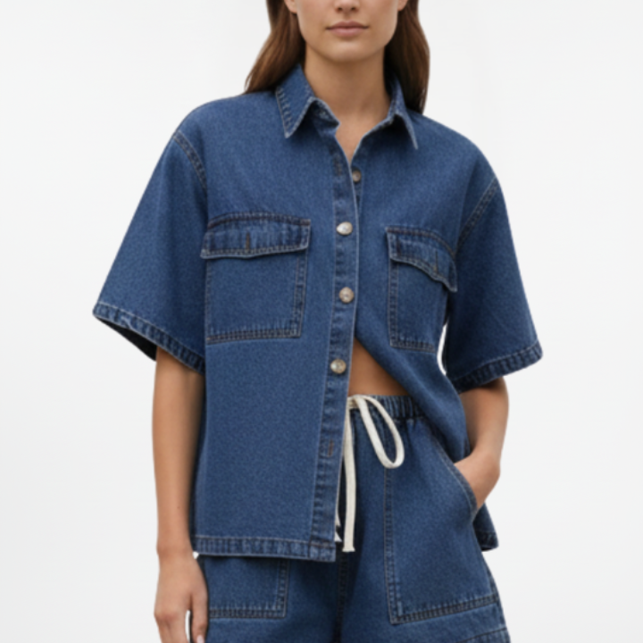 Women’s Denim Set with Short-Sleeve Shirt Jacket and Shorts