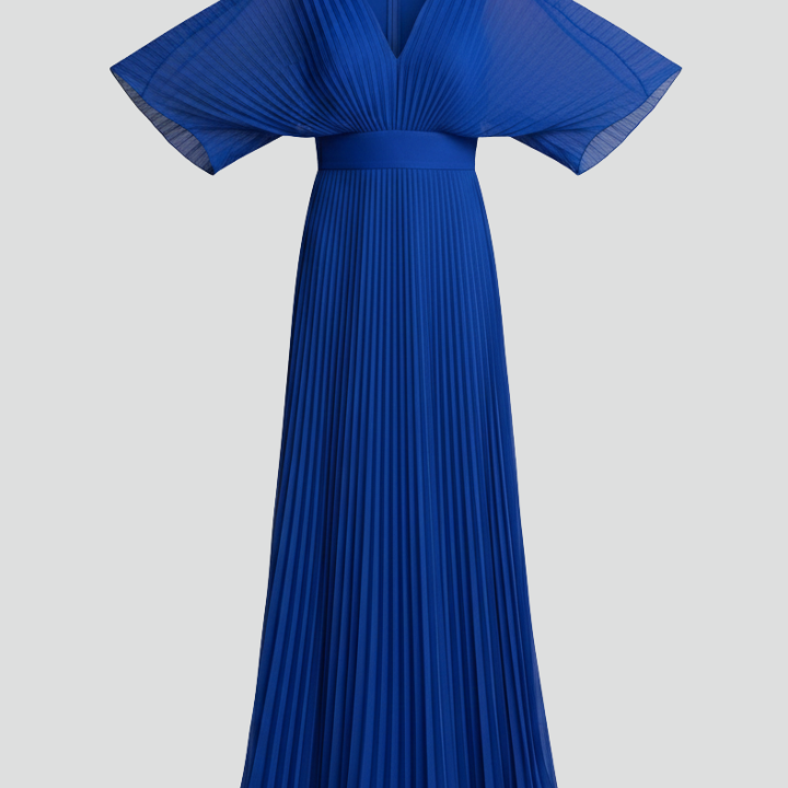 Women’s Dress with V-Neckline and Pleated Maxi Skirt