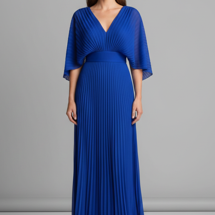 Women’s Dress with V-Neckline and Pleated Maxi Skirt