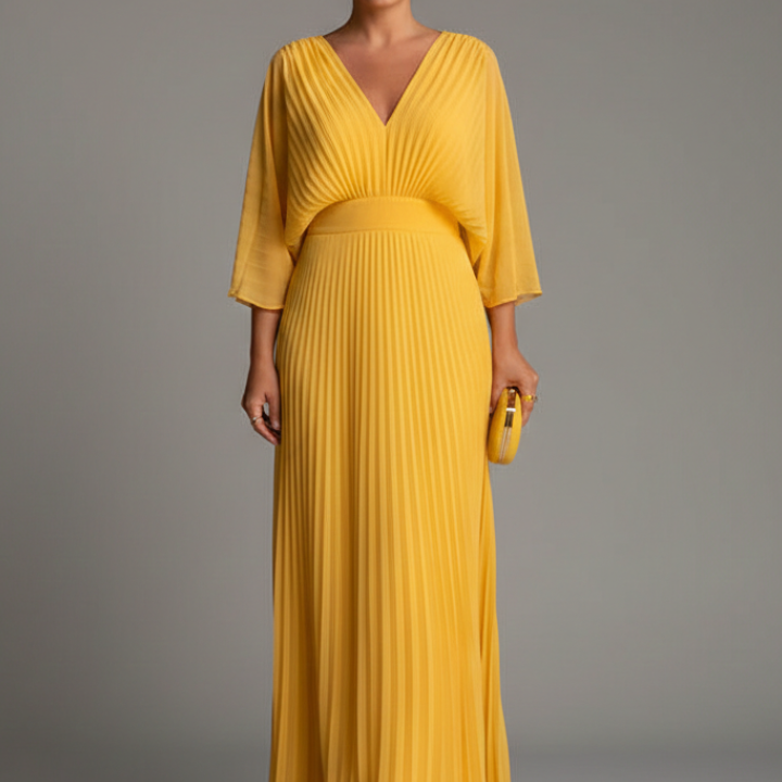 Women’s Dress with V-Neckline and Pleated Maxi Skirt