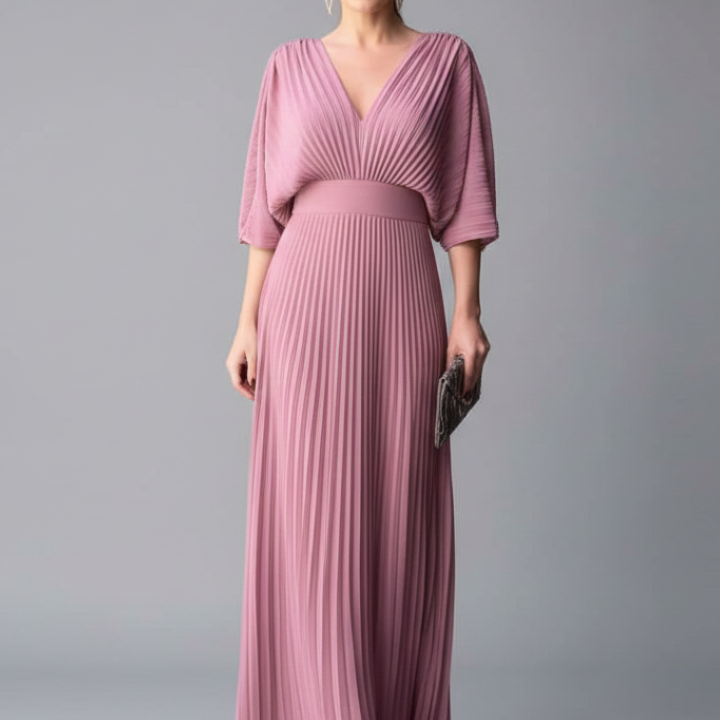 Women’s Dress with V-Neckline and Pleated Maxi Skirt