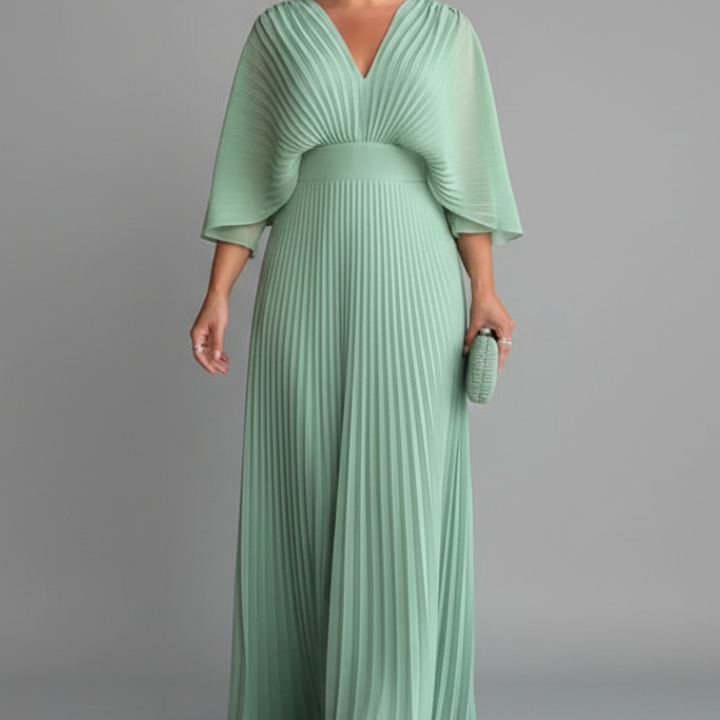 Women’s Dress with V-Neckline and Pleated Maxi Skirt