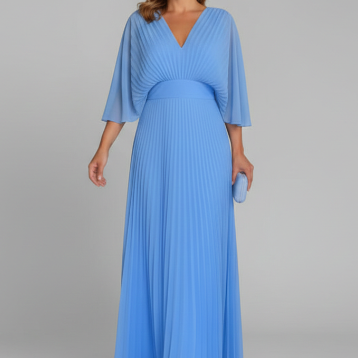 Women’s Dress with V-Neckline and Pleated Maxi Skirt