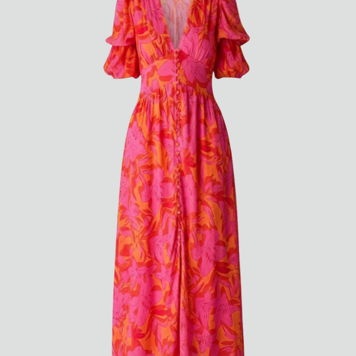 Women’s Dress with V Neck and Puff Sleeves