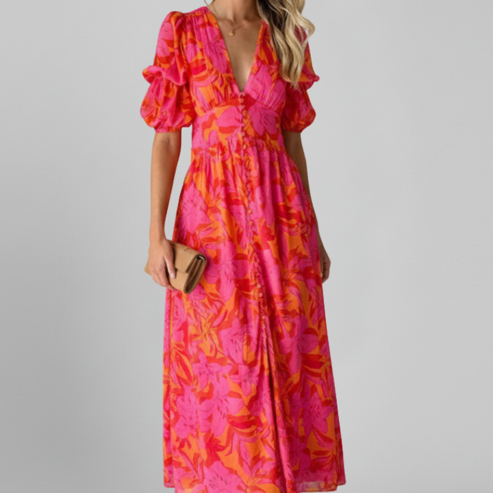 Women’s Dress with V Neck and Puff Sleeves