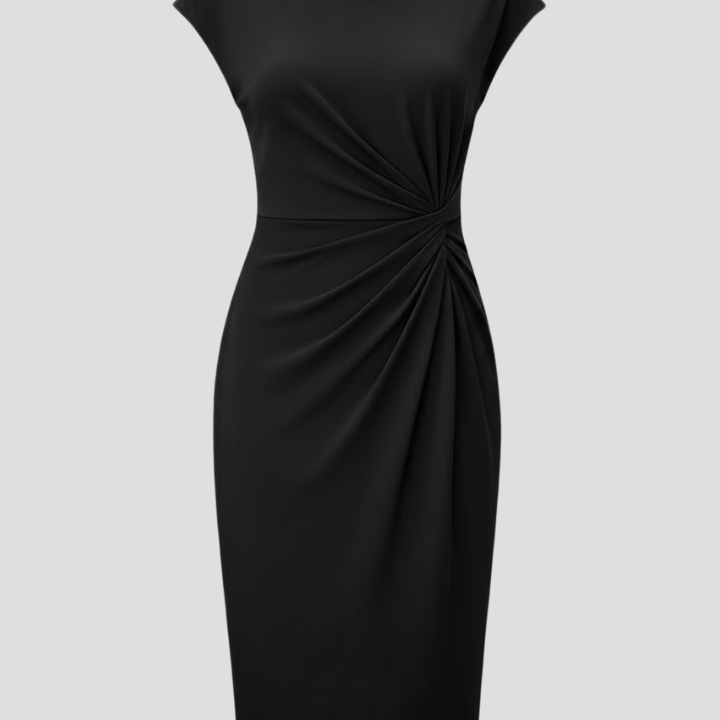 Women’s Knee-Length Dress with Round Neck and Ruched Waist