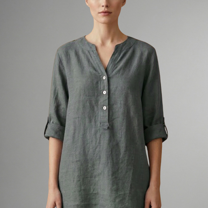 Women’s Linen Blouse with Button Closure and Roll Sleeves