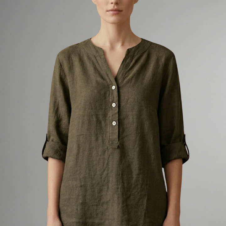 Women’s Linen Blouse with Button Closure and Roll Sleeves