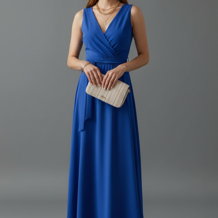 Women’s Long Dress with V-Neck and Sleeveless Cut