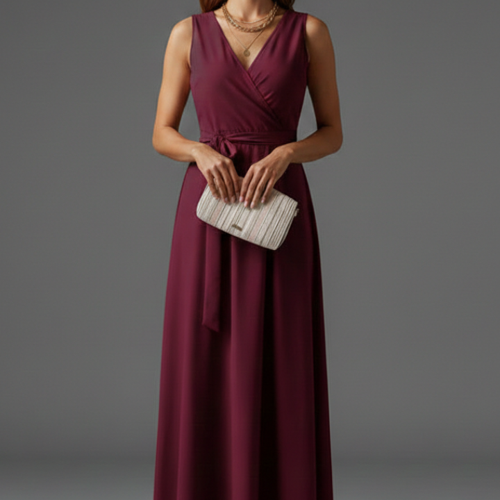 Women’s Long Dress with V-Neck and Sleeveless Cut