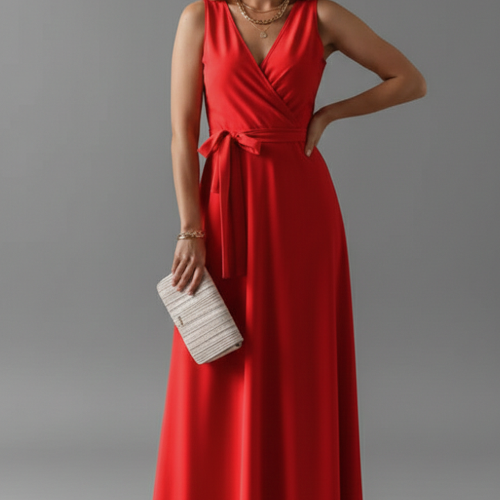 Women’s Long Dress with V-Neck and Sleeveless Cut