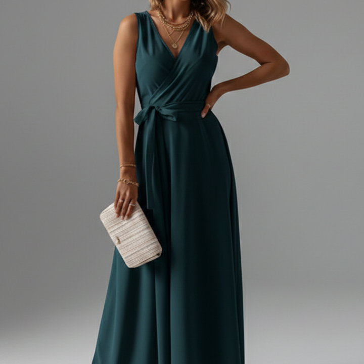 Women’s Long Dress with V-Neck and Sleeveless Cut