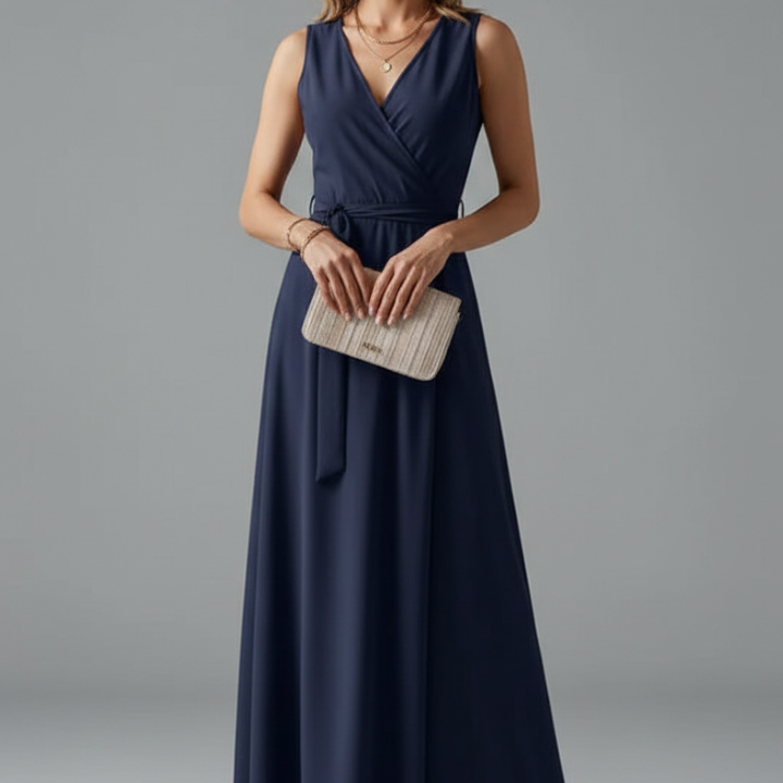 Women’s Long Dress with V-Neck and Sleeveless Cut
