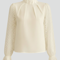 Women's Long Sleeve Top with Pleated Neckline and Textured Sleeves