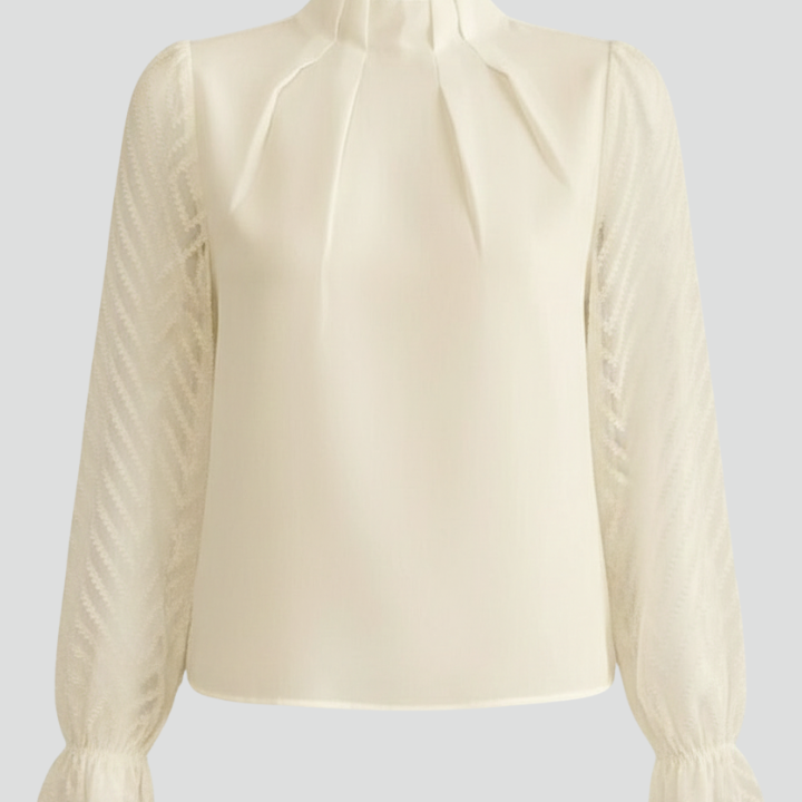 Women's Long Sleeve Top with Pleated Neckline and Textured Sleeves