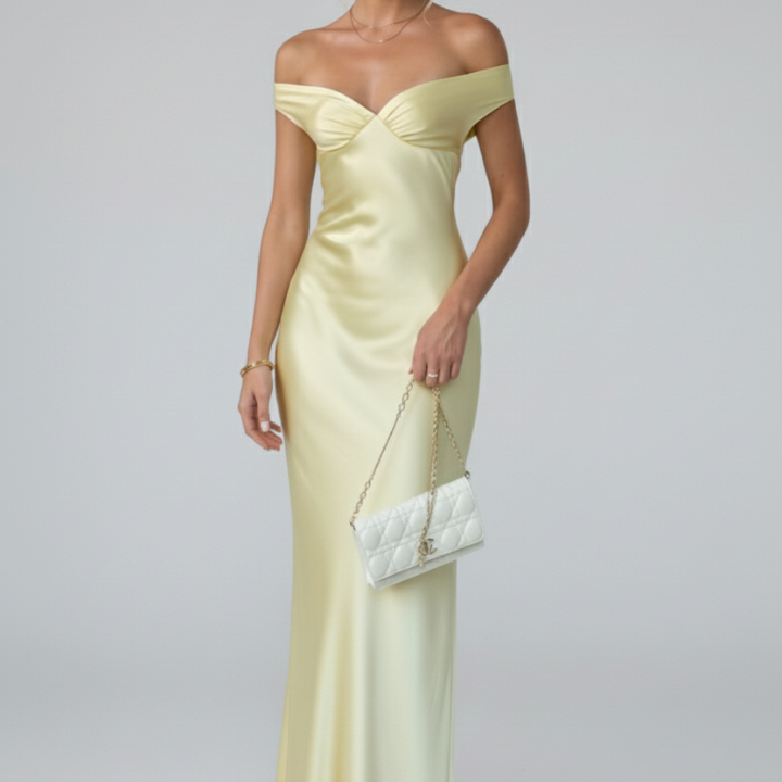 Women’s Maxi Dress with Off-Shoulder Neckline and Fitted Upper