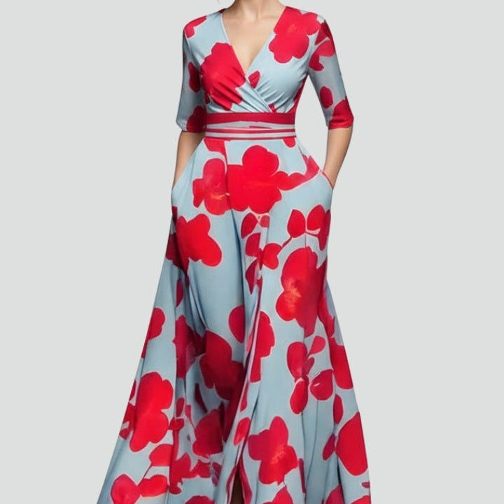 Women’s Maxi Dress with V-Neck and Printed Surface