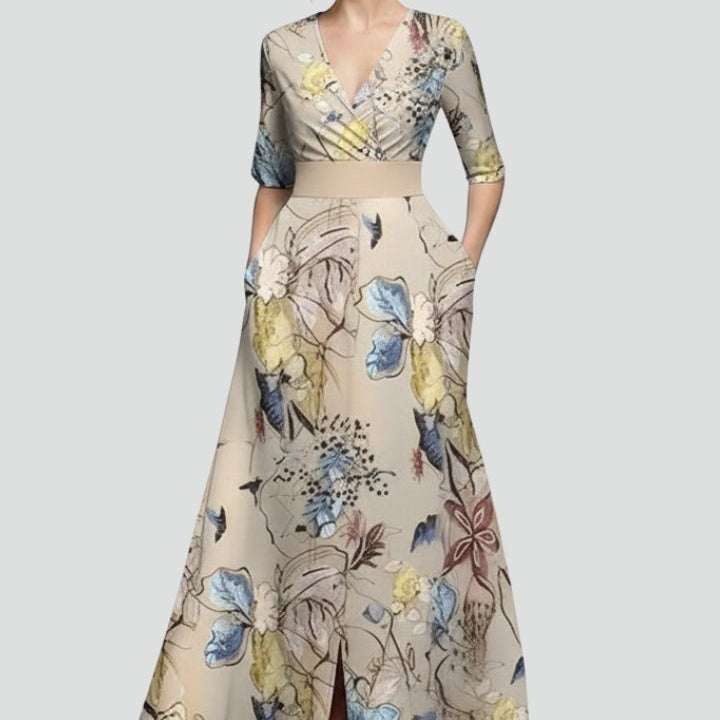 Women’s Maxi Dress with V-Neck and Printed Surface