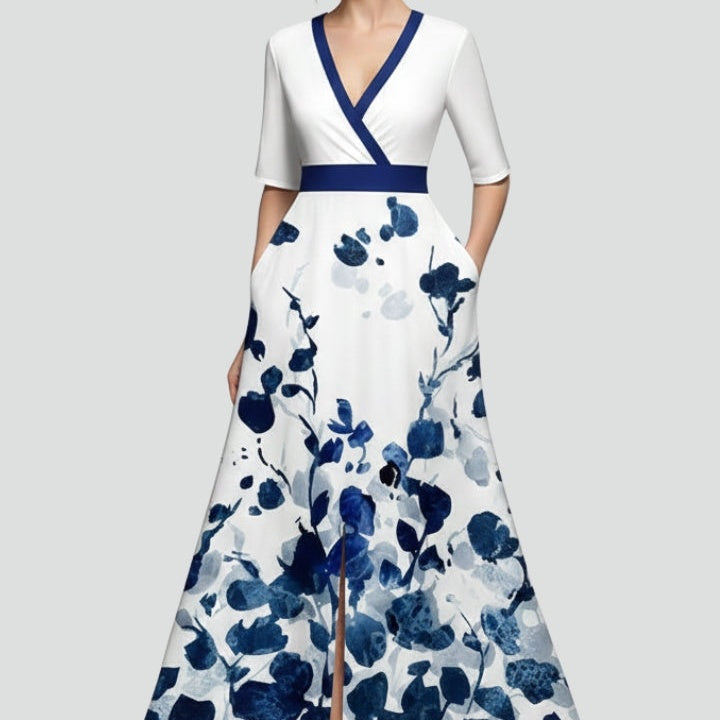 Women’s Maxi Dress with V-Neck and Printed Surface