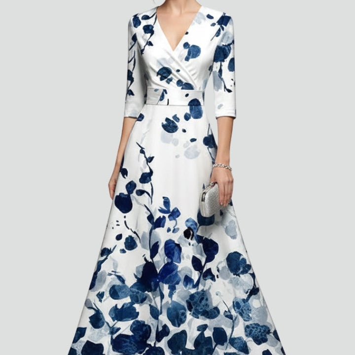 Women’s Maxi Dress with V-Neck and Printed Surface
