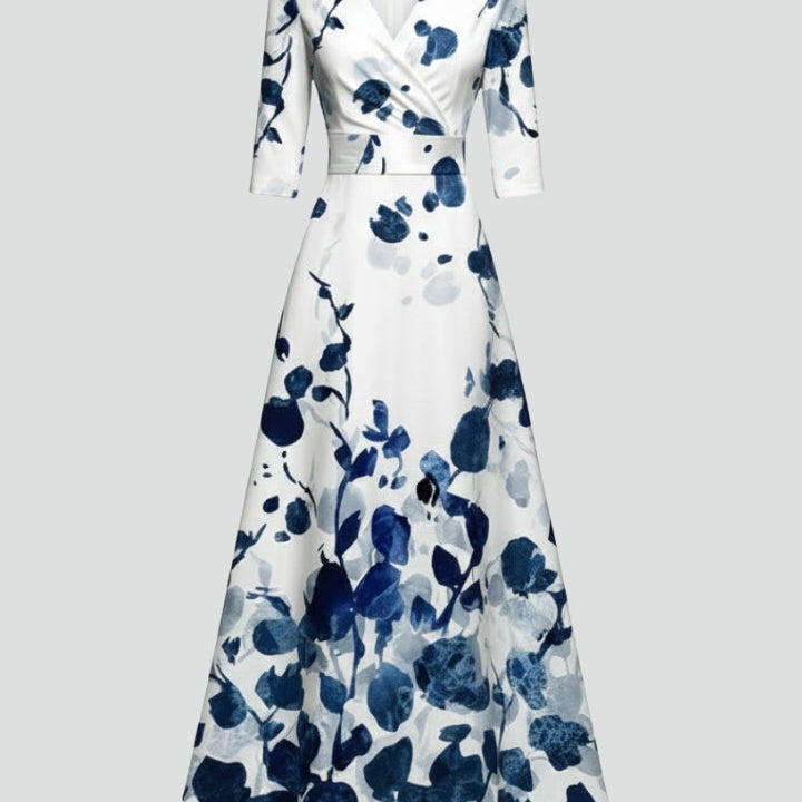 Women’s Maxi Dress with V-Neck and Printed Surface