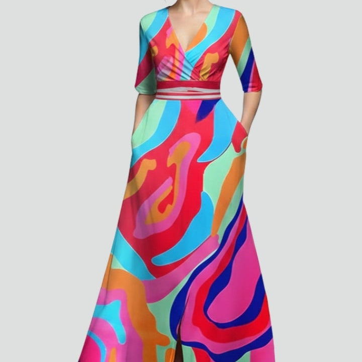 Women’s Maxi Dress with V-Neck and Printed Surface