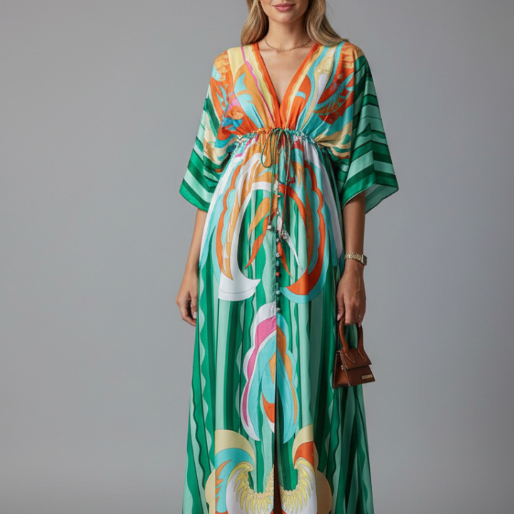 Women’s Maxi Dress with V Neckline and Tie Waist