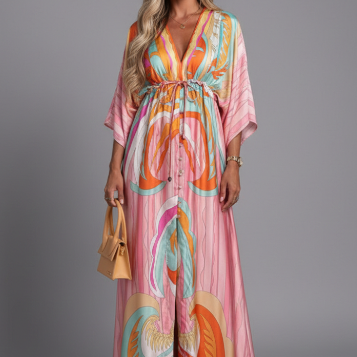 Women’s Maxi Dress with V Neckline and Tie Waist
